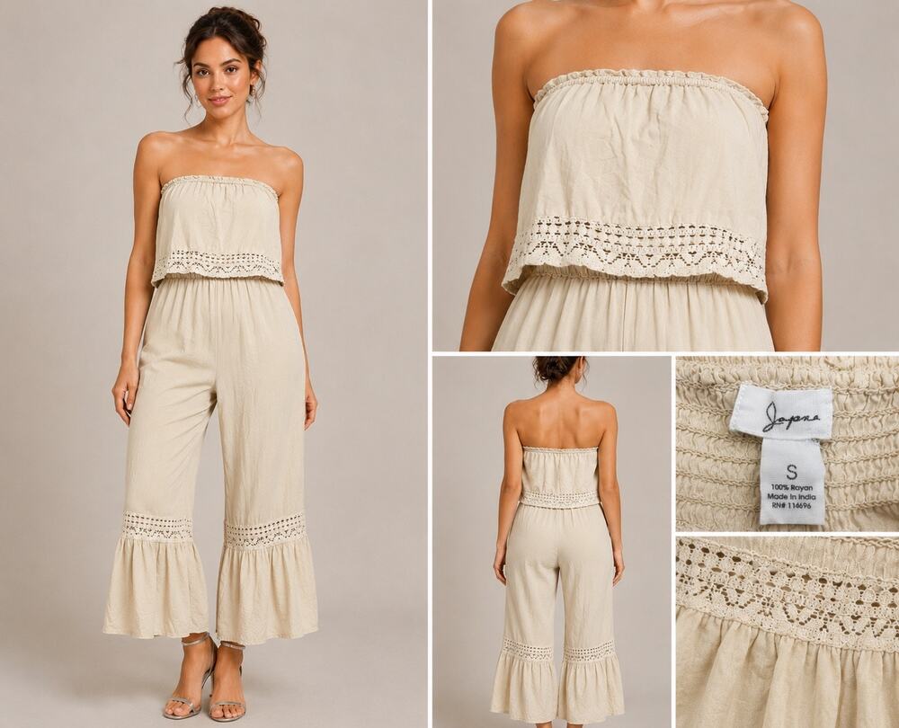 Japna Strapless Jumpsuit Women's Small Beige Crochet Trim Rayon Boho Wide Leg